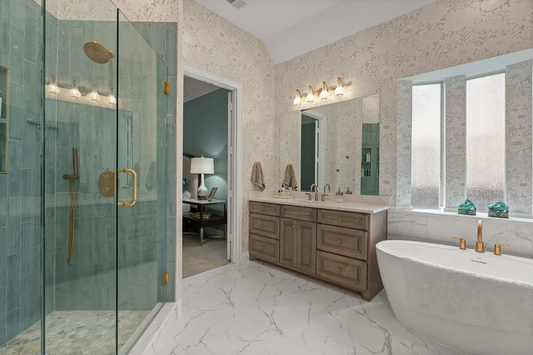 Bathroom vanity, glass shower and freestanding tub — FLM media library example